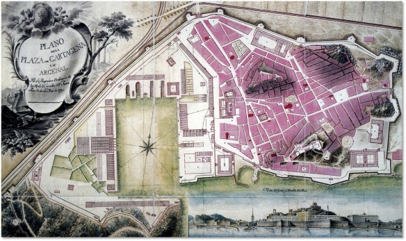 Plano de la ciudad de Cartagena del siglo XVIII de J.J.Ordovas. Extrído de Pinake
