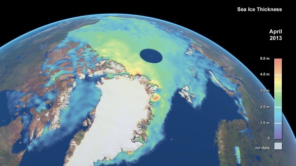 Imagen del Océano Ártico donde se muestra el espesor de la capa de hielo. Extraída de evolucion tres punto cero